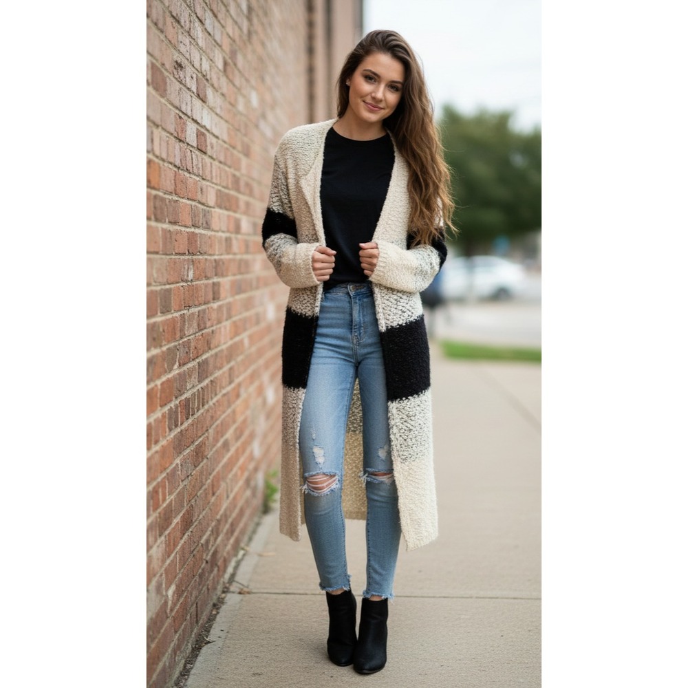 Baciano Cardigan Sweater Womens Small Off White Black‎ Striped Cozy Warm Wear